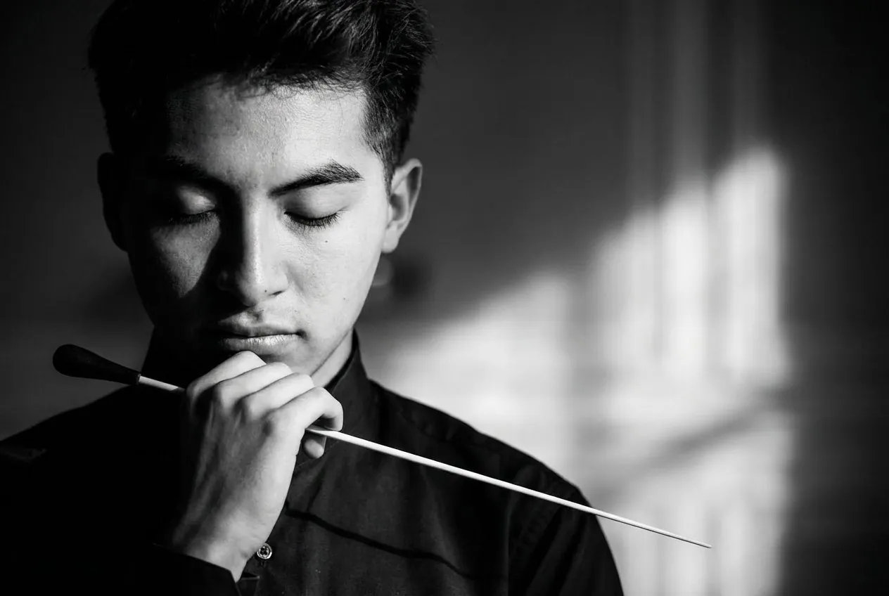 Black and white portrait of Andrés Estrada Agramont with eyes closed, holding a baton against his chin.