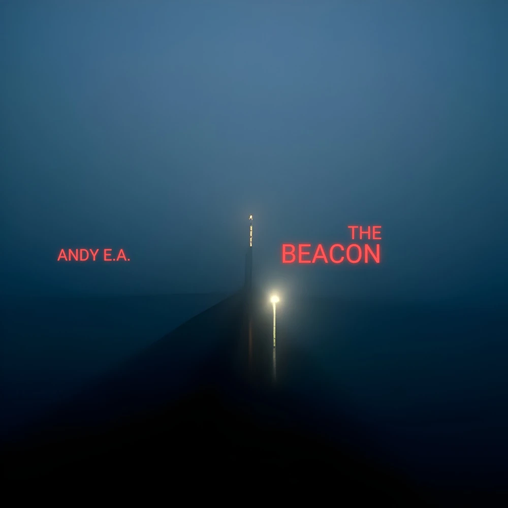 The Beacon cover: a pier in blue fog with two lights glowing.